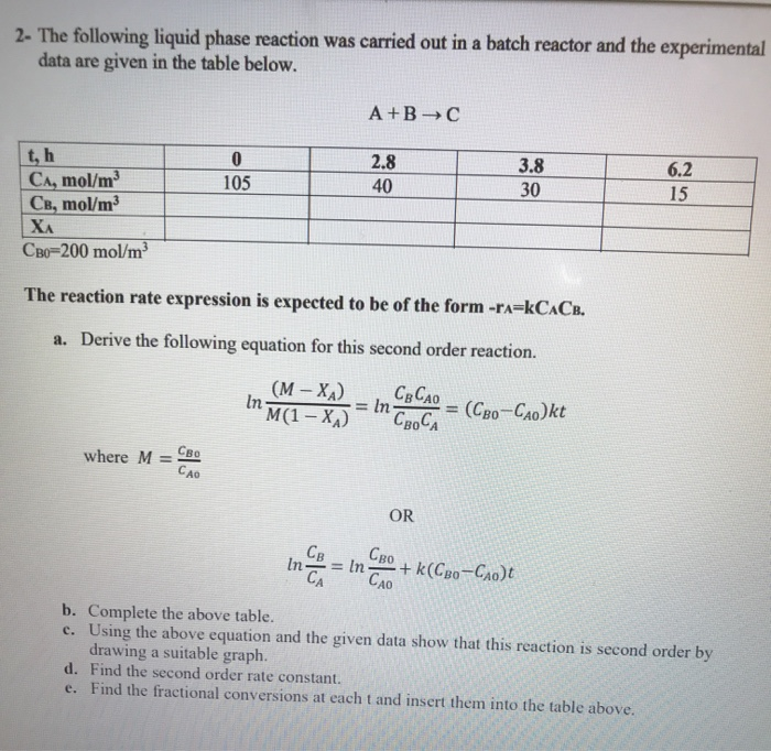 Solved 2- The following liquid phase reaction was carried | Chegg.com