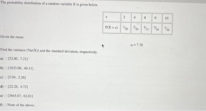 Solved The probability distribution of a random variable X | Chegg.com