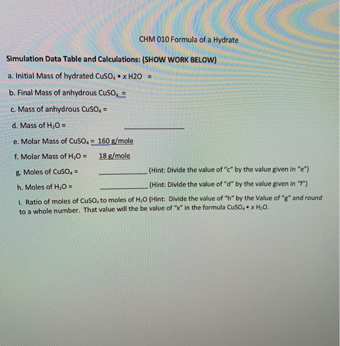 Chm 010 On Line Lab Formula Of A Hydrate Purpose To Chegg 