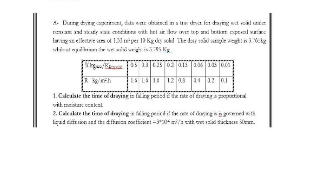 tray dryer experiment calculations