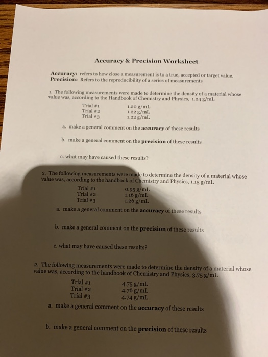 Solved Accuracy Precision Worksheet Accuracy: refers to Chegg com