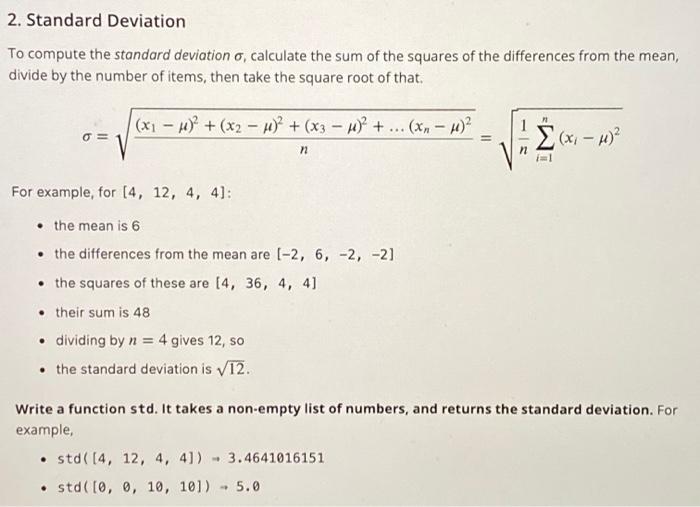 Solved 2. Standard Deviation To compute the standard | Chegg.com