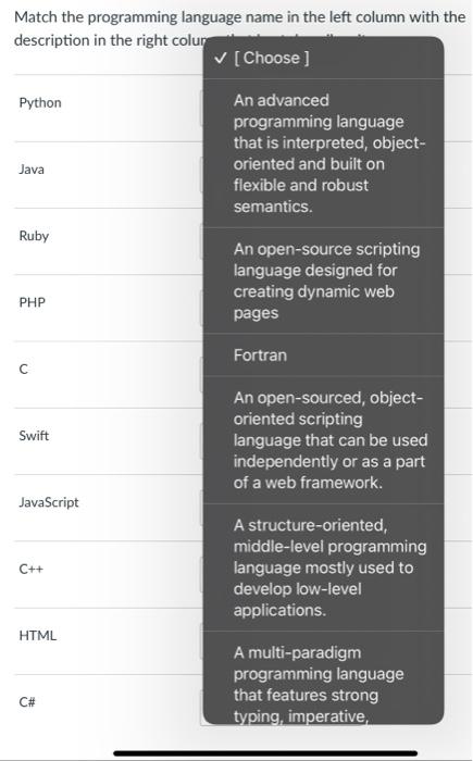 Solved Match the programming language name in the left | Chegg.com