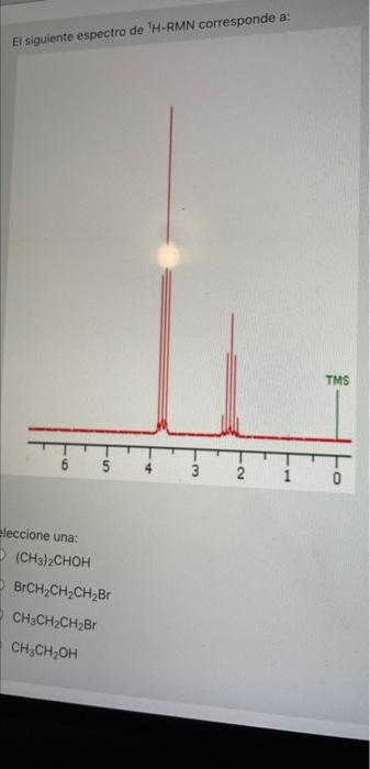 El siguiente espectro de H-RMN corresponde a: TMS - On - 3 2 eleccione una: (CH3)2CHOH BrCH2CH2CH2BT CH3CH2CH2B1 CH3CH2OH