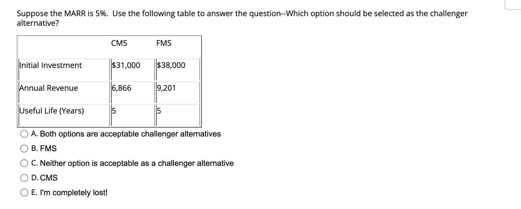 Solved Suppose the MARR is 5%. ﻿Use the following table to | Chegg.com