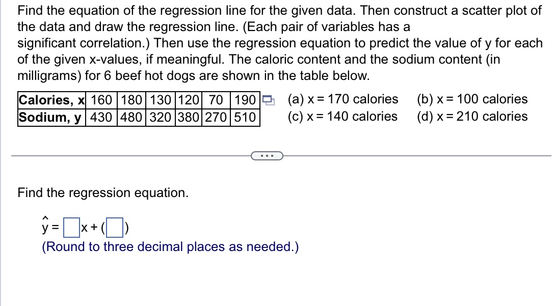 Solved Find the equation of the regression line for the | Chegg.com