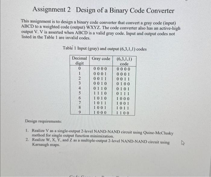 Assignment 2 Design of a Binary Code Converter This | Chegg.com