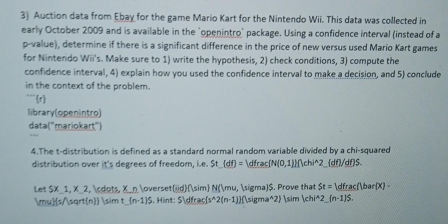 Solved 3) Auction data from Ebay for the game Mario Kart for | Chegg.com