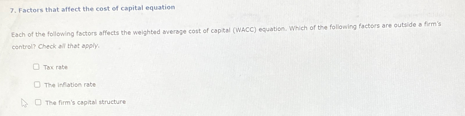 Solved Factors that affect the cost of capital equationEach | Chegg.com