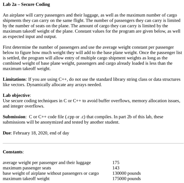 Solved Lab 2a - Secure Coding An airplane will carry | Chegg.com