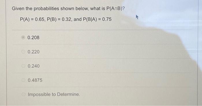 Solved Given the probabilities shown below, what is P(AnB)? | Chegg.com