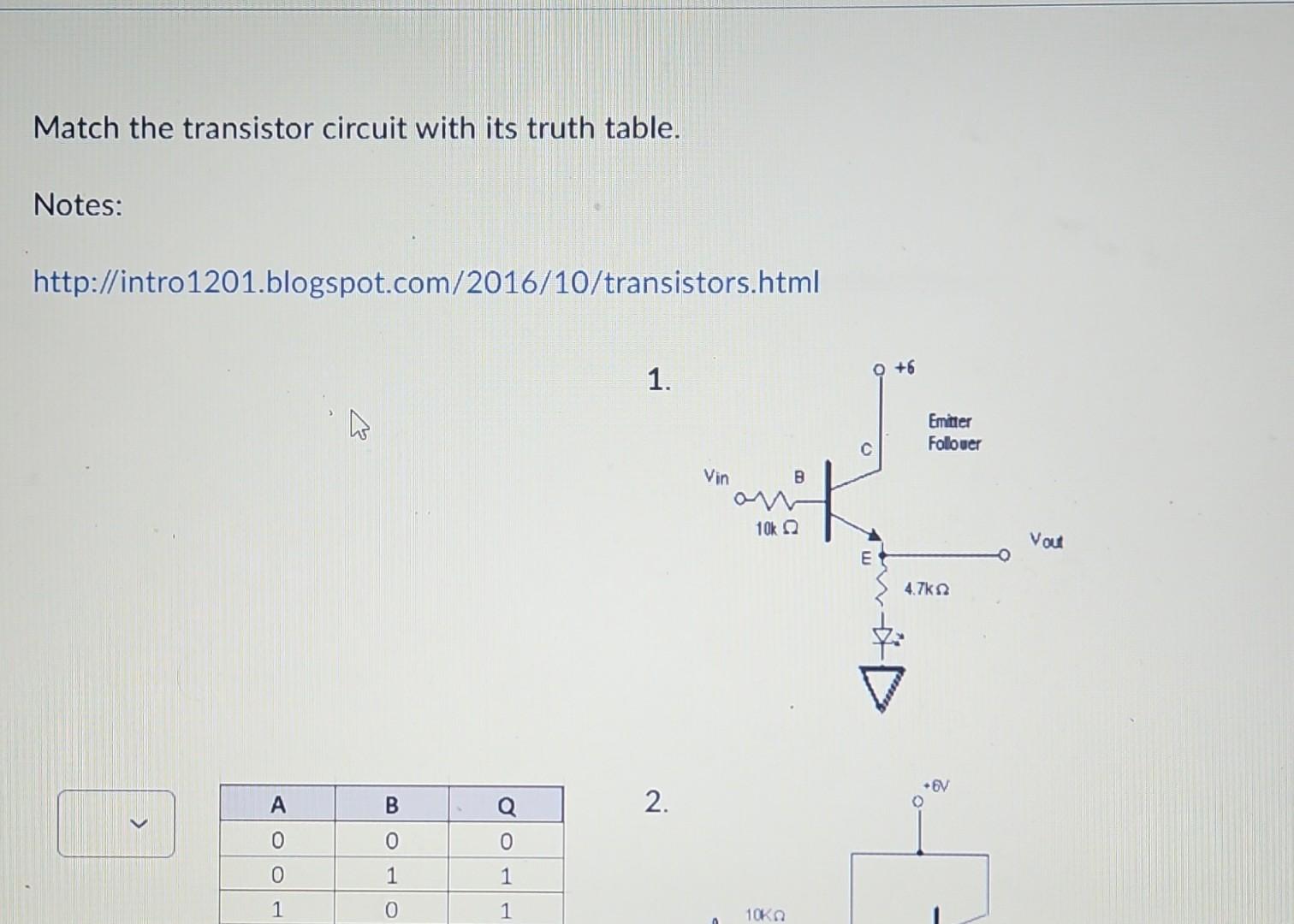 Match the transistor circuit with its truth table.