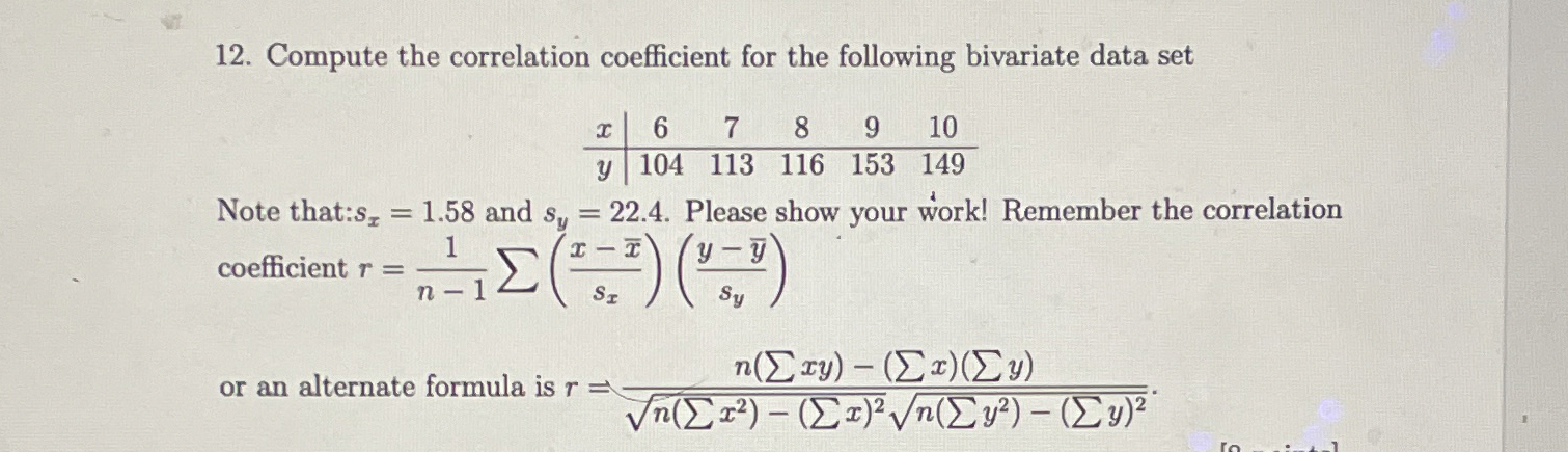 Compute The Correlation Coefficient For The Following 