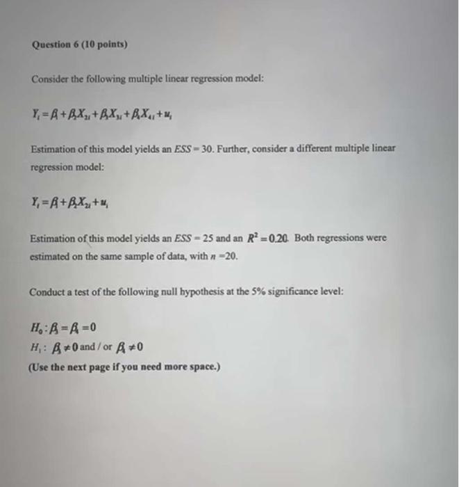 Solved Consider The Following Multiple Linear Regression | Chegg.com