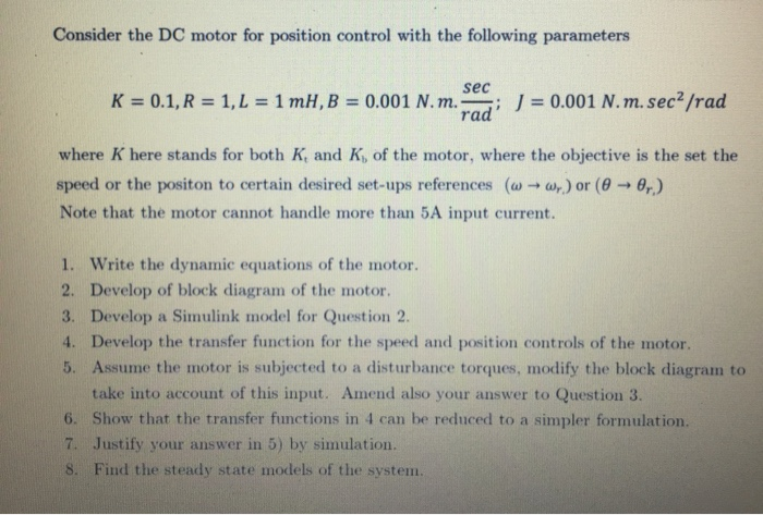 Consider the DC motor for position control with the | Chegg.com