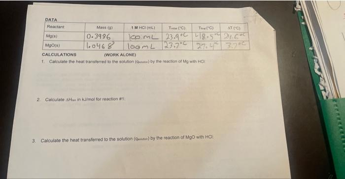 Solved CALCULATIONS (WORK ALONE) 1. Calculate the heat | Chegg.com