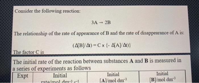 Solved Consider the following reaction: 3A→2B The | Chegg.com