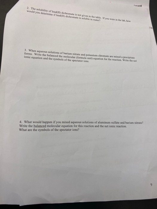 Solved 2. The solubility of lead(il) dichromate is not given