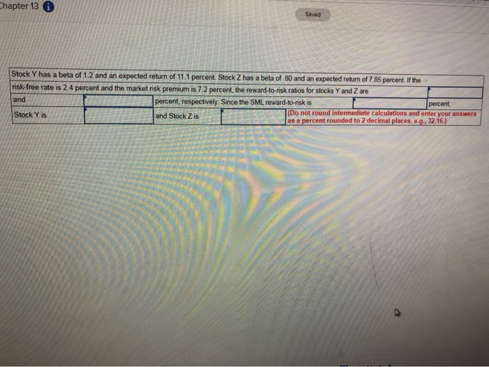 Solved Chapter 13 Saved Stock Y has a beta of 1.2 and an