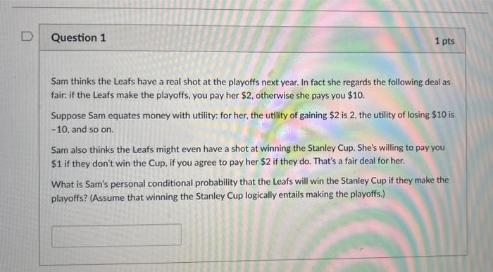 Sam thinks the Leafs have a real shot at the playoffs next year. In fact she regards the following deal as fair: if the Leafs