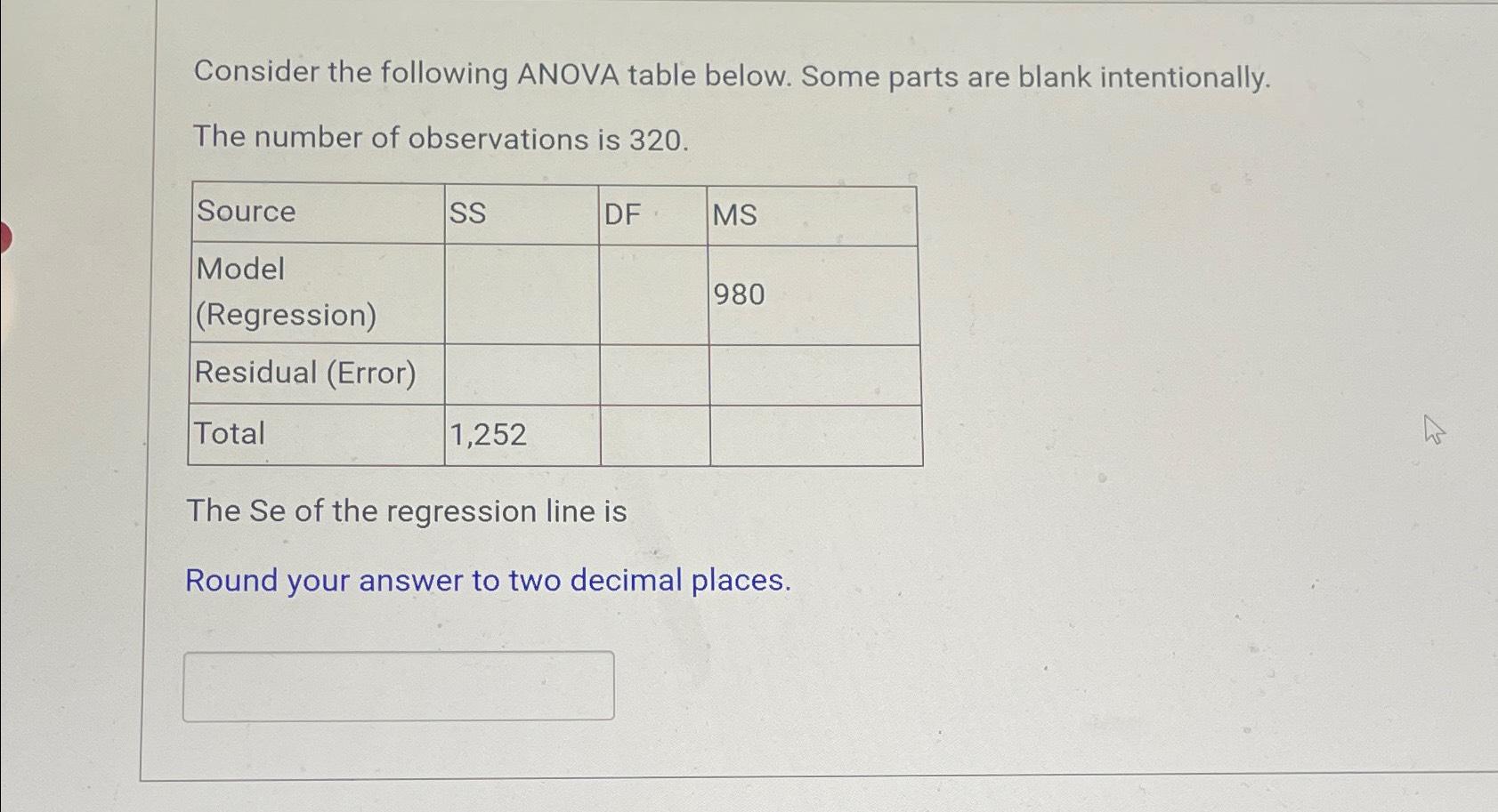 Solved Consider the following ANOVA table below. Some parts | Chegg.com