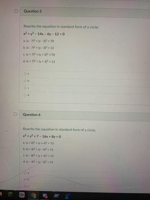 Solved Question 5 Rewrite the equation in standard form of a | Chegg.com