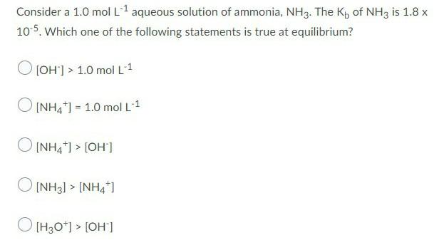 Solved Consider A 1.0 Mol L 1 Aqueous Solution Of Ammonia, | Chegg.com