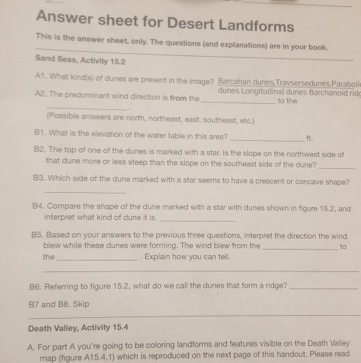 Solved Answer Sheet For Desert Landforms This Is The Answer | Chegg.com