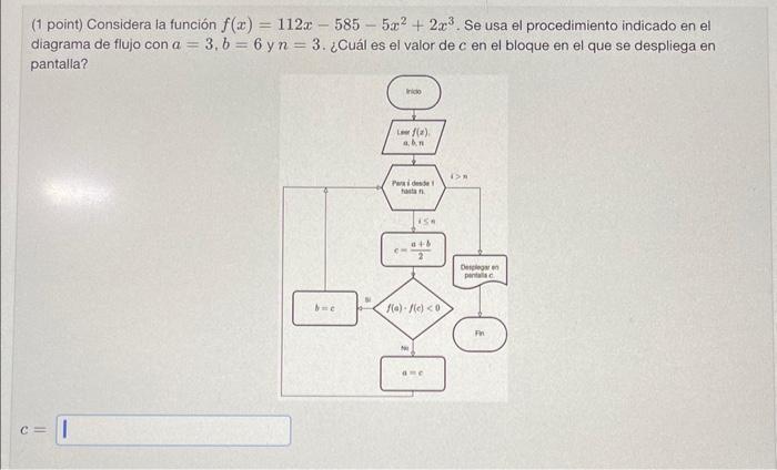 (1 point) Considera la función \( f(x)=112 x-585-5 x^{2}+2 x^{3} \). Se usa el procedimiento indicado en el diagrama de flujo