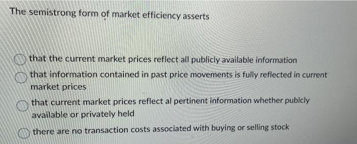 Solved The semistrong form of market efficiency asserts that | Chegg.com