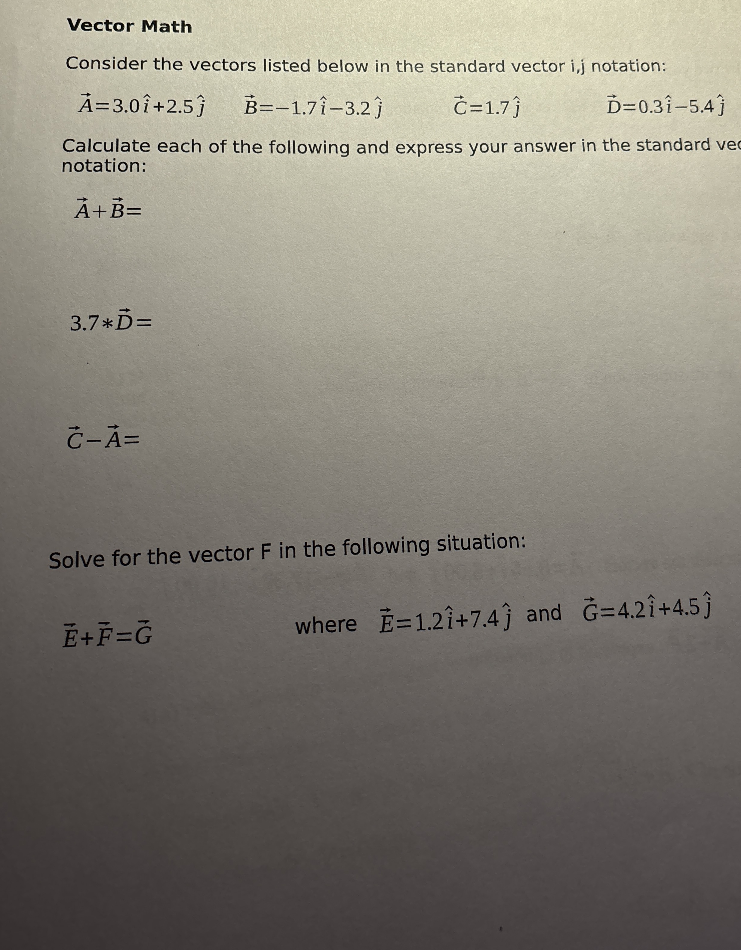 Solved Vector MathConsider the vectors listed below in the | Chegg.com