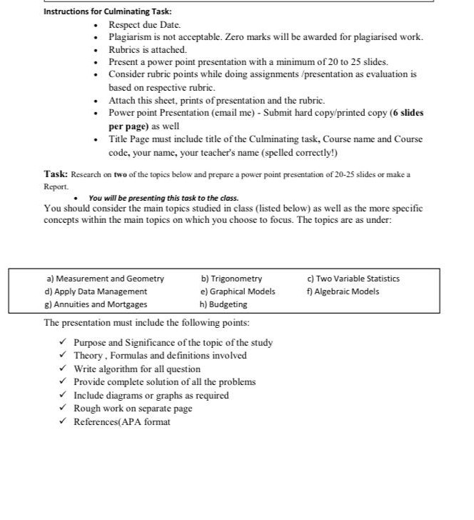 Instructions for Culminating Task: • Respect due | Chegg.com