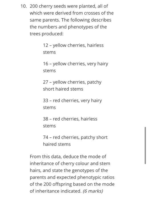 10. 200 cherry seeds were planted, all of
which were derived from crosses of the
same parents. The following describes
the nu