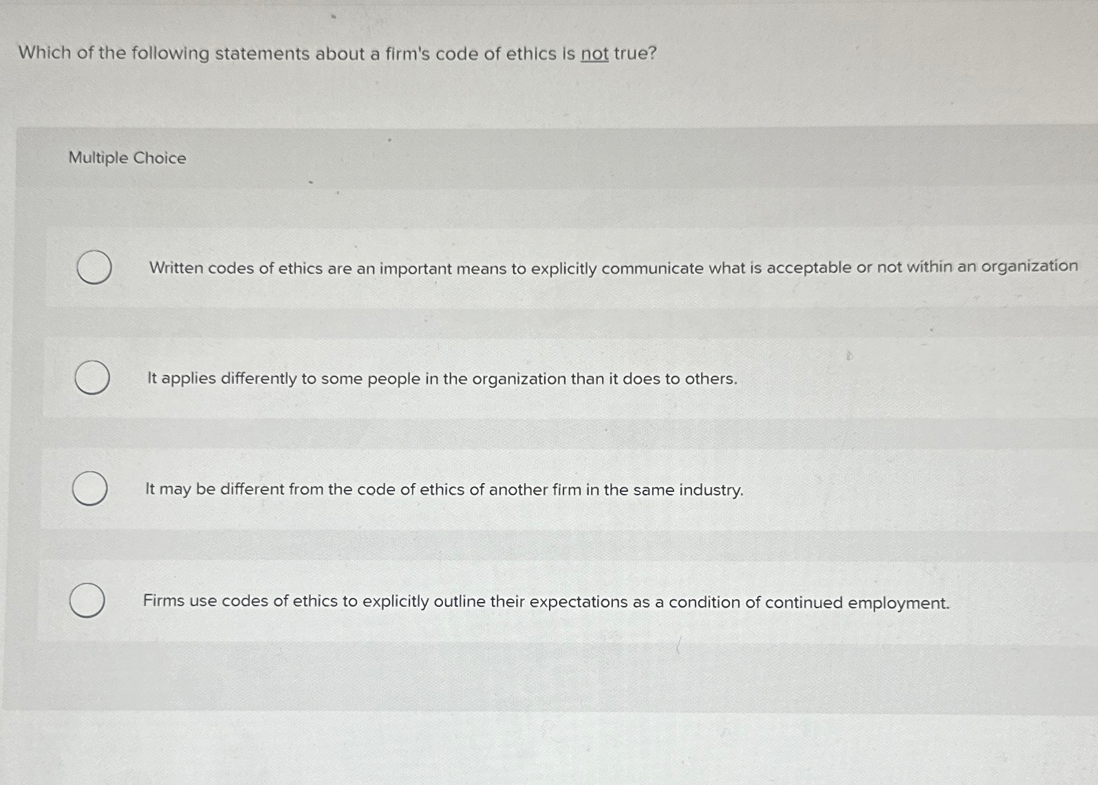 Solved Which of the following statements about a firm's code | Chegg.com