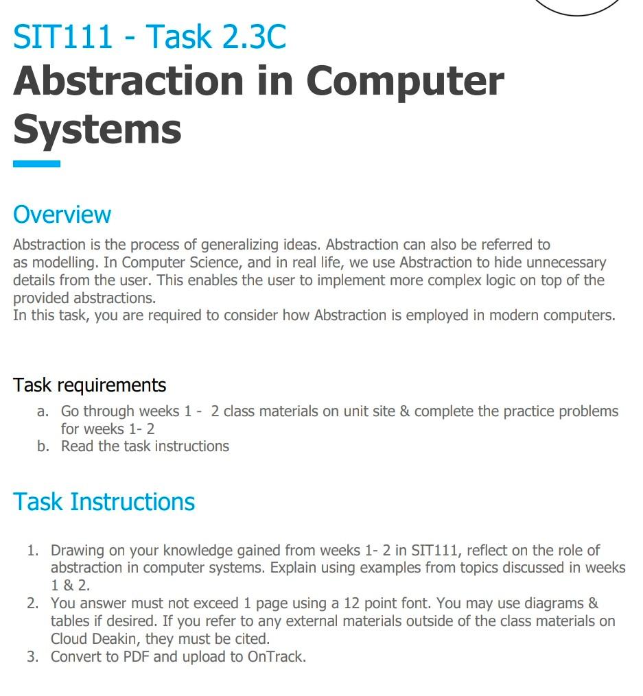 SIT111 - Task 2.3C Abstraction in Computer Systems | Chegg.com