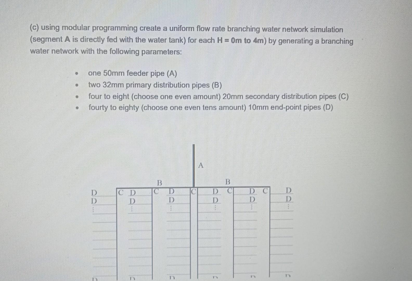 (c) using modular programming create a uniform flow rate branching water network simulation (segment \( \mathrm{A} \) is dire