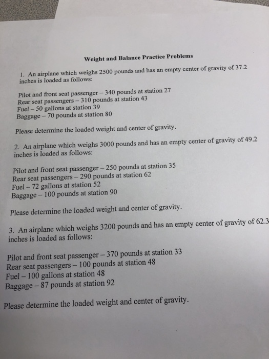 Solved Weight and Balance Practice Problems 1. An airplane | Chegg.com
