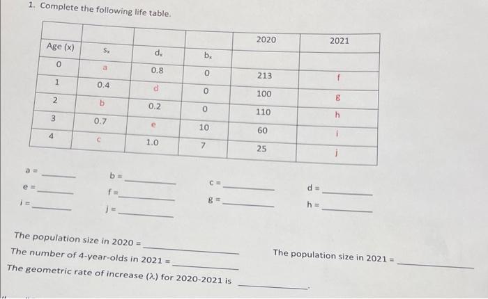 Solved 1. Complete The Following Life Table. | Chegg.com