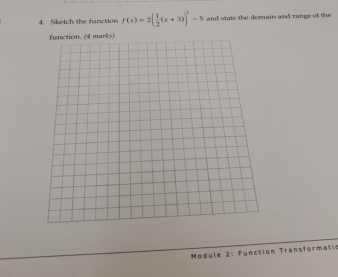 Solved 4. Sketch the function f(x) = 2 (x+ - 5 and state the | Chegg.com