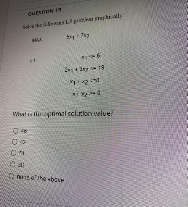 Solved QUESTION 19 Solve the following LP problem | Chegg.com