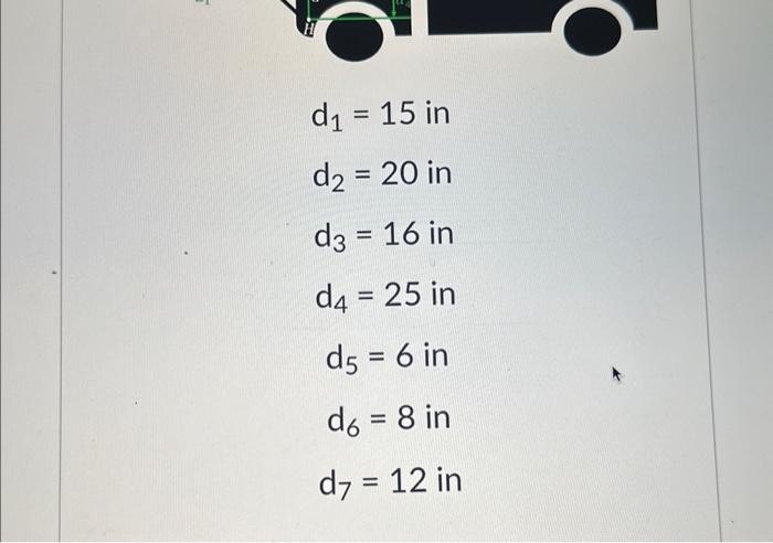 \( \begin{array}{l}\mathrm{d}_{1}=15 \text { in } \\ d_{2}=20 \text { in } \\ d_{3}=16 \text { in } \\ d_{4}=25 \text { in }