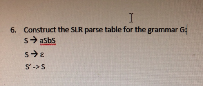 Solved 6. Construct the SLR parse table for the grammar G | Chegg.com
