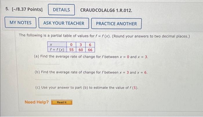 Solved The following is a partial table of values for | Chegg.com