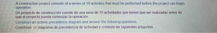 A construction project consists of a series of 10 activities that must be performed before the project can begin operation Un