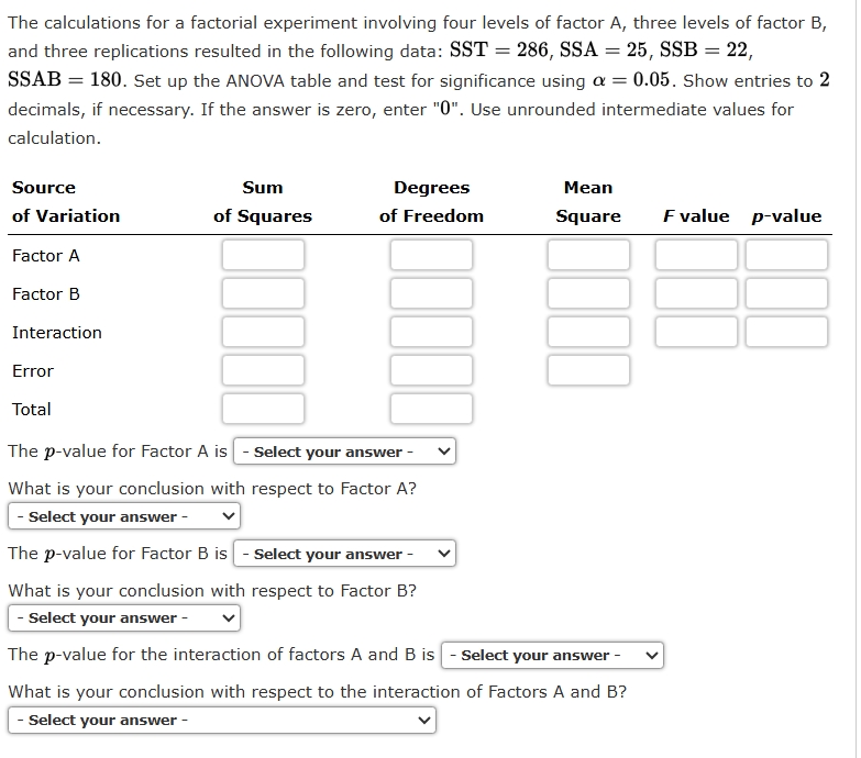 Solved The calculations for a factorial experiment involving | Chegg.com