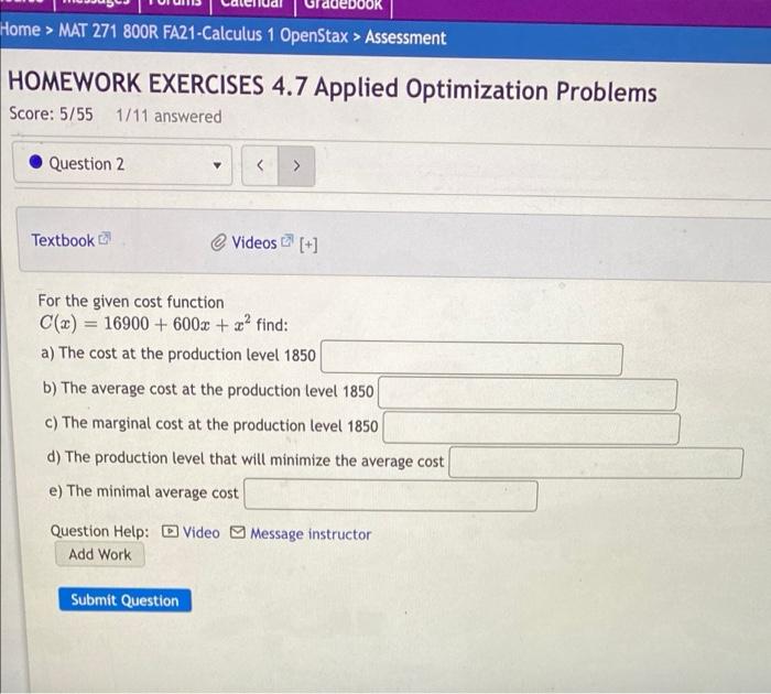 Solved debook Home > MAT 271 800R FA21-Calculus 1 OpenStax > | Chegg.com