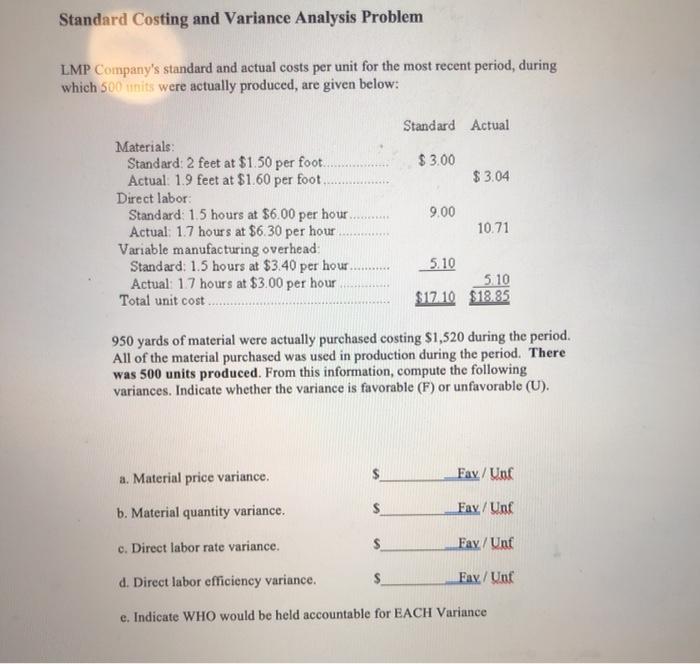 Solved Standard Costing and Variance Analysis Problem LMP | Chegg.com