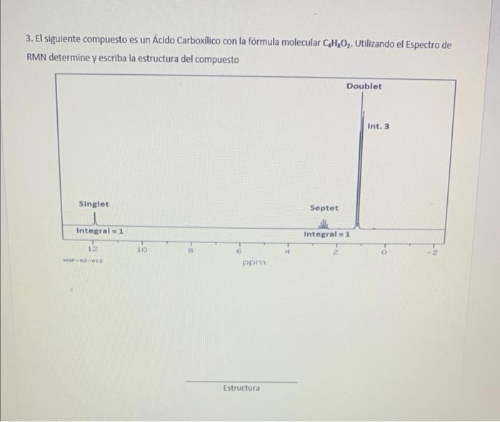 3. El siguiente compuesto es un Ácido Carboxílico con la fórmula molecular C₂H₂O₂. Utilizando el Espectro de RMN determine y