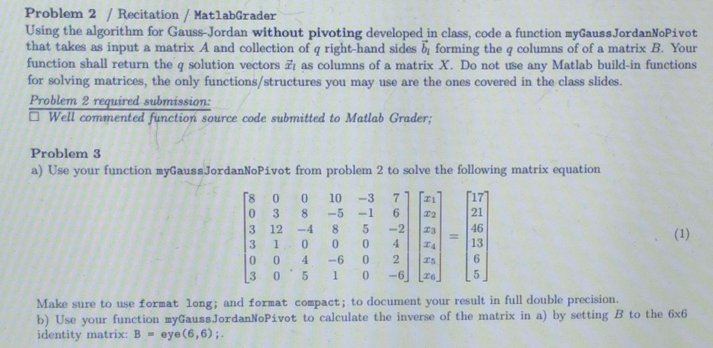 Solved Problem 2 / Recitation / MatlabGrader Using The | Chegg.com