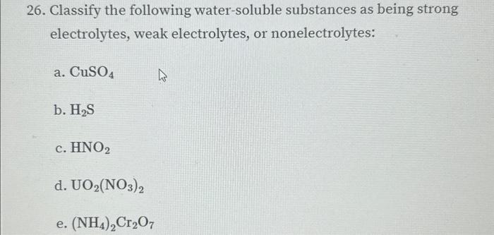 Solved 26. Classify the following water-soluble substances | Chegg.com